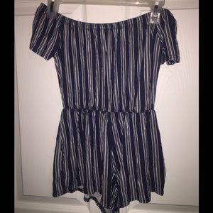 Off the shoulder romper navy blue pinstripes